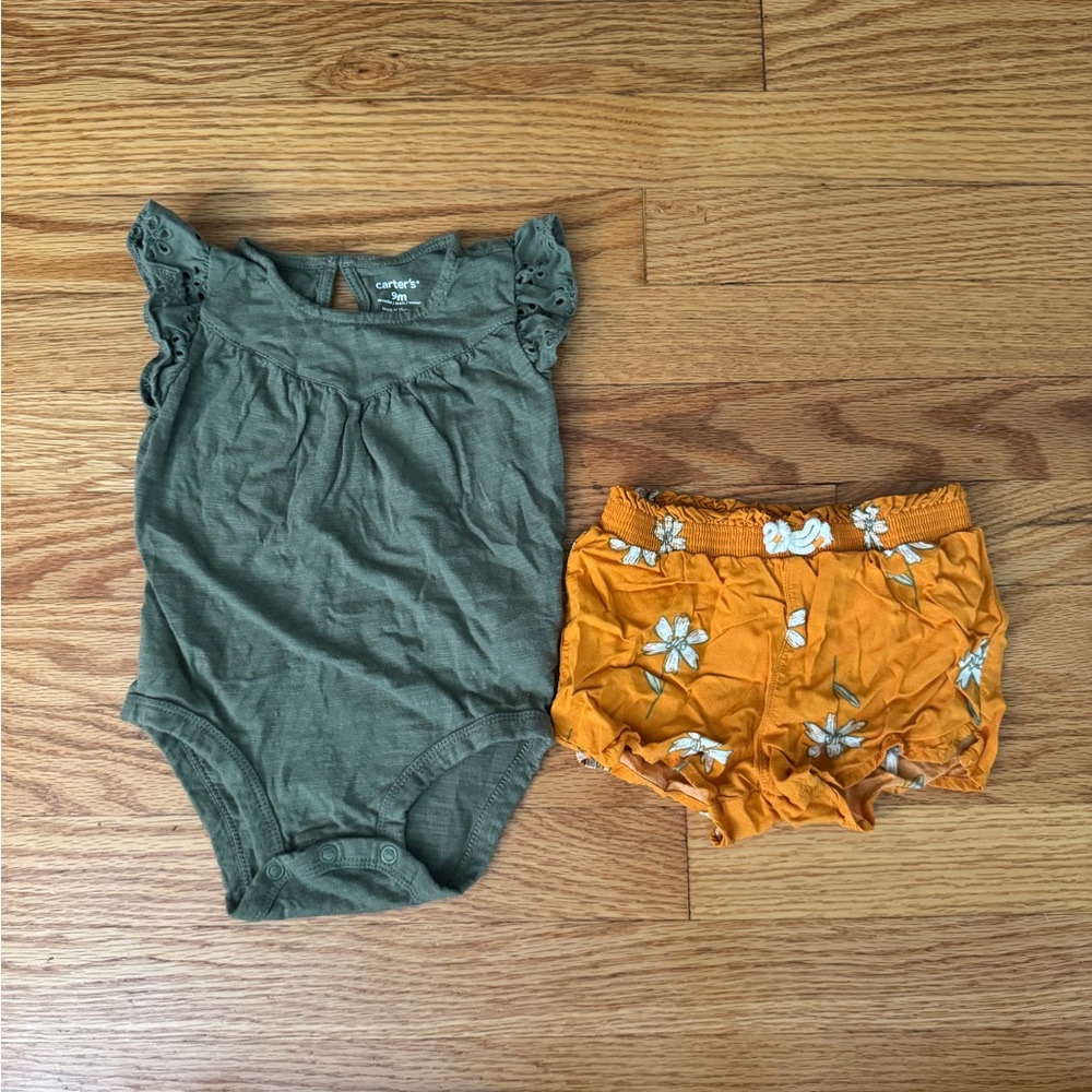 Baby girl outfit- Army green 100% cotton onesie and orange floral shorts